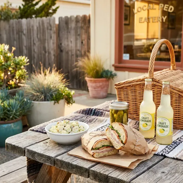 Picnic spread with sandwiches, lemonade, and potato salad.