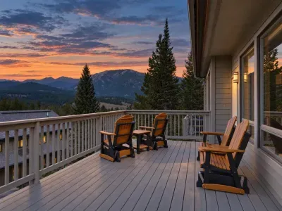Spacious mountain-view deck with Adirondack seating and stunning sunset skies