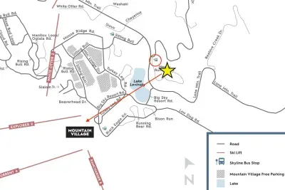 House is located on the Ski Shuttle route (red circle), and right across the road from Big Sky Resort where there is plenty of FREE parking!