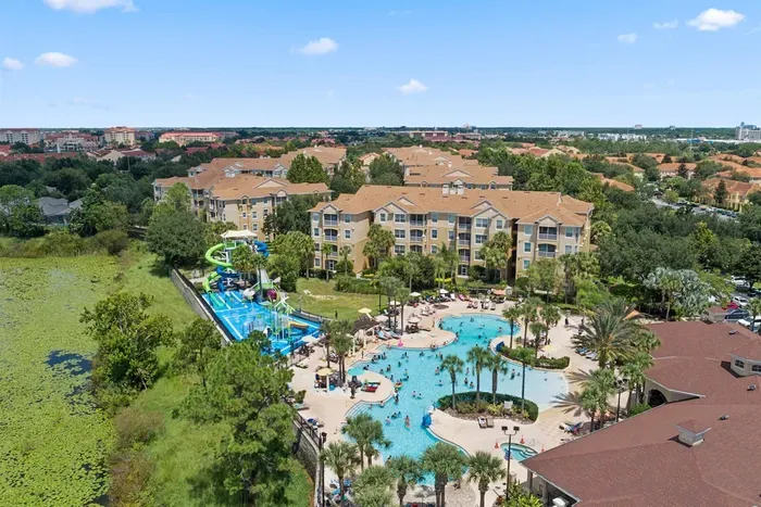 View from above with the pool and water park.