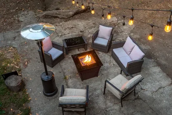 - Inviting fire pit area with cushioned seating for six guests  
- Overhead string lights and patio heater create cozy evenings  
- Perfect for gathering, storytelling, and stargazing together