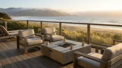 Oceanfront patio with fire pit and lounge chairs