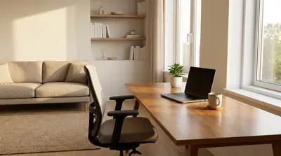 Clean home office with couch, desk, and window view