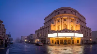 Grand Lake Theater in Oakland at dusk, wet streets