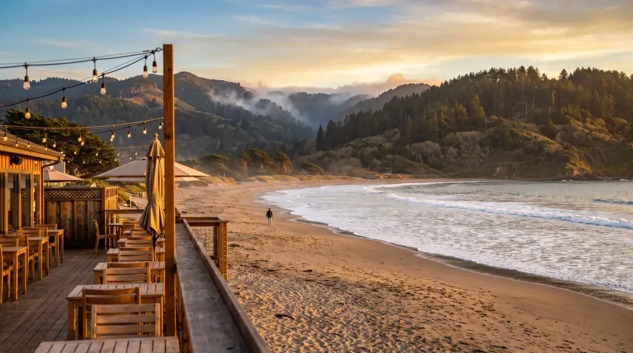 Stinson Beach restaurant patio with ocean and mountain views
