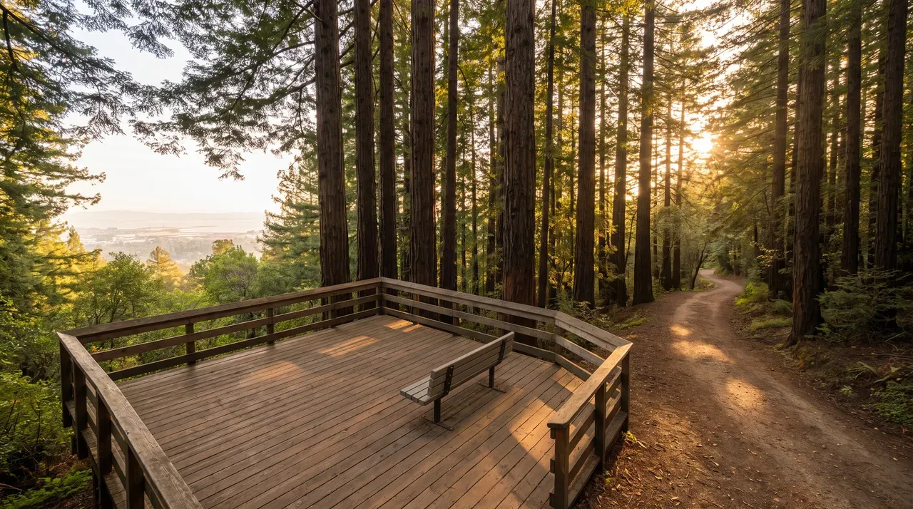 Redwood forest overlook with bay view, Oakland