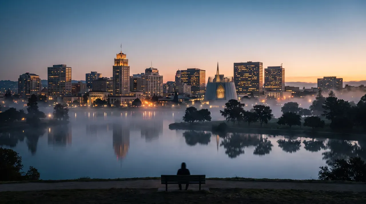 Misty Oakland skyline at dawn from a park bench