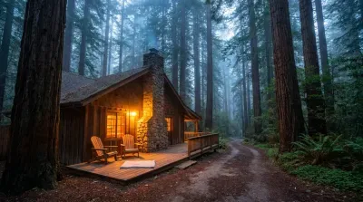 Cozy cabin in redwood forest with warm lights glowing