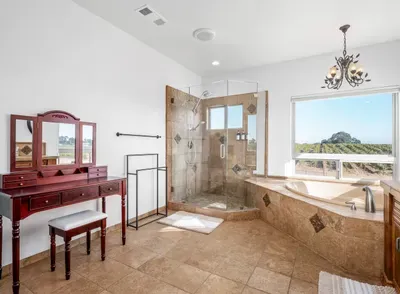 En Suite Master Bathroom with a standing shower and tub with vineyard views, and vanity.