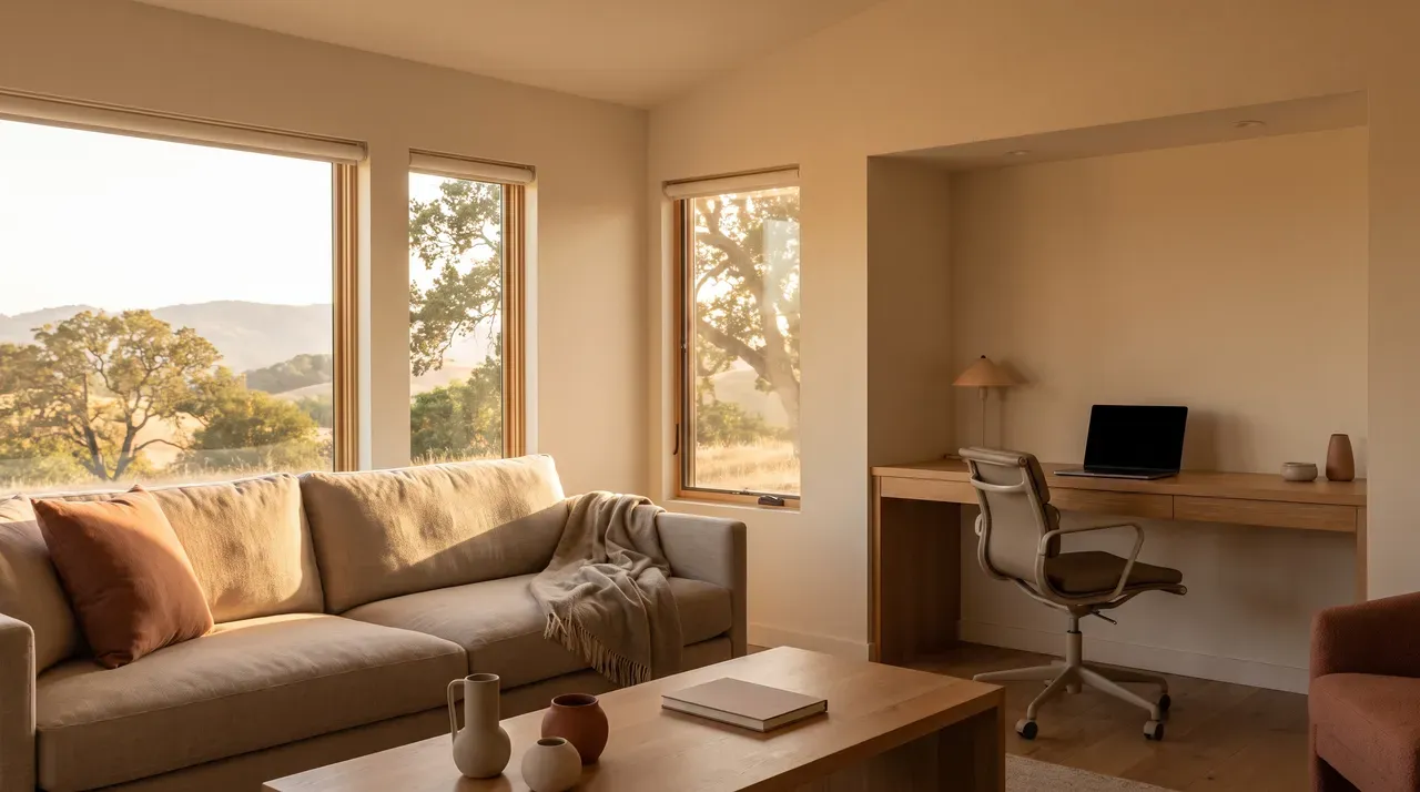 Sunny living room with a desk and sofa overlooking hills