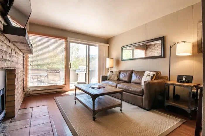 Living room with walk out deck