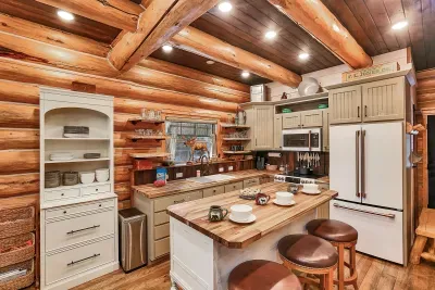 The kitchen at Alder & Antler keeps it simple and solid—butcher block, Cafe appliances, and room for a skillet breakfast before you hit the trail