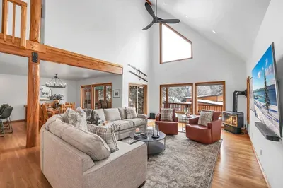 Cozy living room designed for movie nights, sports, and recapping the day’s McCall adventures.