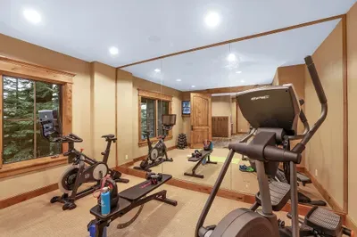 Keep your mountain rhythm without leaving the Lodge. A dedicated fitness room with commercial bike and elliptical, weights, bands, a kettlebell, bench...ready when you are