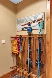 Racked skis, organized lockers, and a fitness room for warmups and cooldowns keep the whole crew in rhythm and powder ready