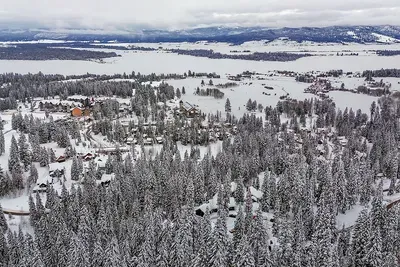 Aerial view of the Pinnacle Estates neighborhood in Tamarack Resort. High up on West Mountain—quiet above the bustle with sweeping views of Tamarack Resort and Lake Cascade