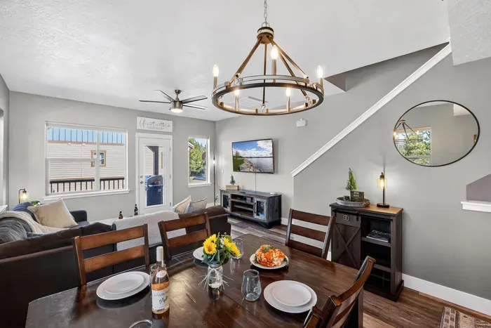 The main level flows easily from kitchen to dining to living—ideal for groups and families
