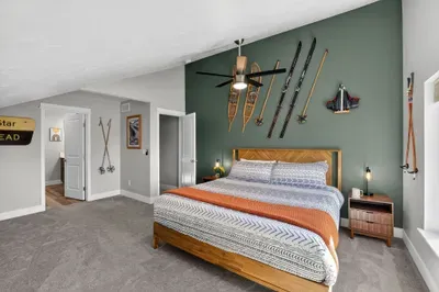 A king bed with fresh, hotel‑style linens awaits after powder turns, bike rides, and lake swims (3rd level-primary suite).