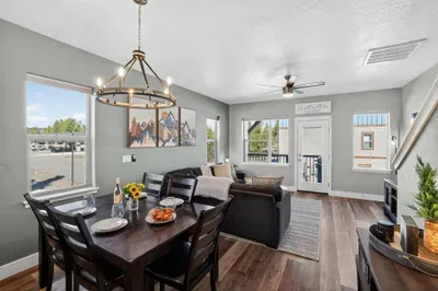 The open dining area is your hub for board games, planning hikes, and regrouping between adventures.