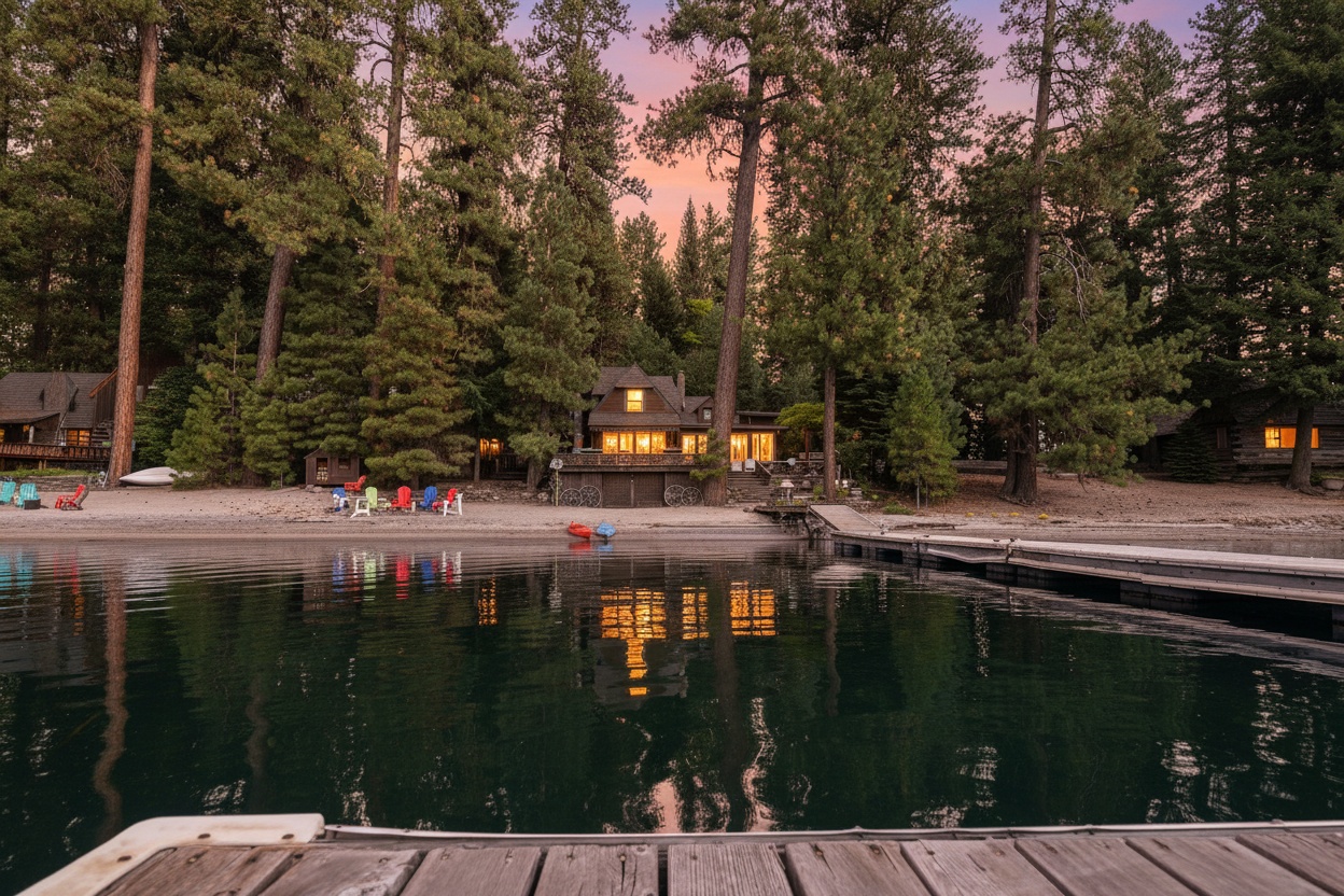 The cabin from the water: classic McCall lines, perched just above the shoreline