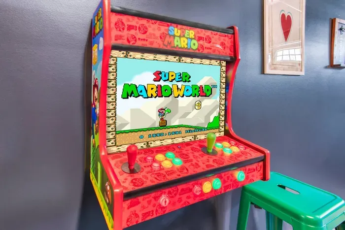 Enjoy endless fun in this vibrant game room featuring a ping pong table, retro Super Mario arcade machine, wall-mounted dartboard, and a large smart TV.