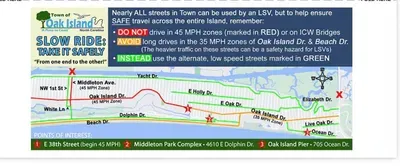 This map provides a helpful overview of Oak Island golf cart laws, approved routes, and important road restrictions to help guests safely navigate the island during their stay.