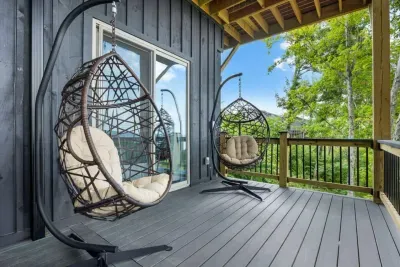 The best seat in the house.  Relax in these cozy egg chairs overlooking the lake, perfect for enjoying your favorite drink and taking in the sunset.