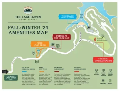 Explore the Lake Haven amenities map — from fire pits and trails to the pond, beach access, and peaceful hangout spots, all just steps from your cabin.  Also, recently constructed but not shown here is an animal barn with pigs and goats.