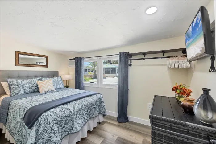 Bright bedroom with comfortable bed, TV, and palm-view window.