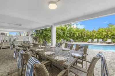 Outdoor Dining Haven: Unwind alfresco with poolside views and stylish seating for gatherings!