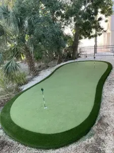 Private palm-shaded putting green with 3 cups—perfect for practice.