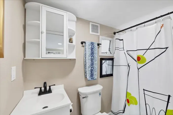 Bright, modern bath with storage and playful martini curtain