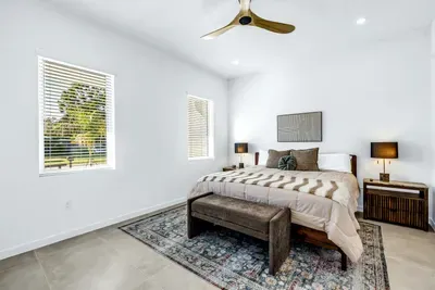 Bright modern bedroom with natural light, stylish decor, and serene views