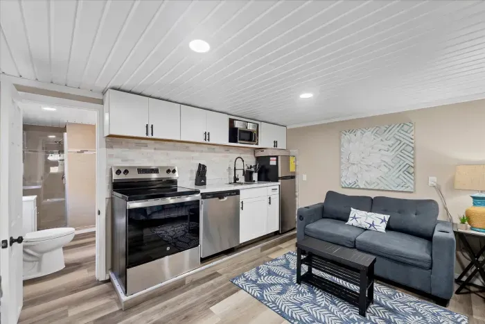 Bright studio with stainless kitchenette, cozy sofa, and glass shower