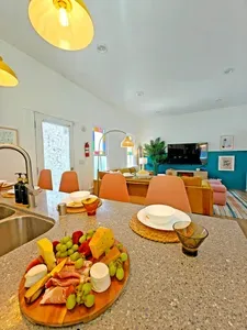 Seating for six plus two more at the console table, plus room for your Uber Eats feast or margarita flight lineup. (Charcuterie is not included with your stay but we do have a board if you decide to bring your own)