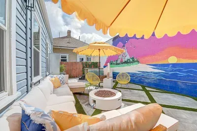 Volcano mural = tropical vibes without the lava hazard.