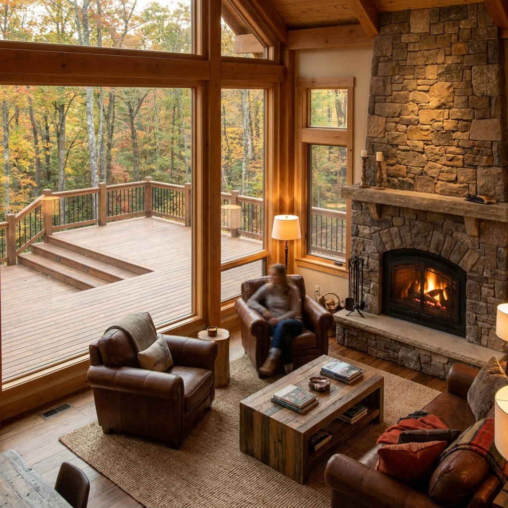 Cozy cabin living room with fireplace and forest view