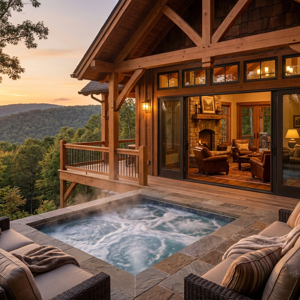 Luxury cabin with hot tub overlooking Hocking Hills sunset
