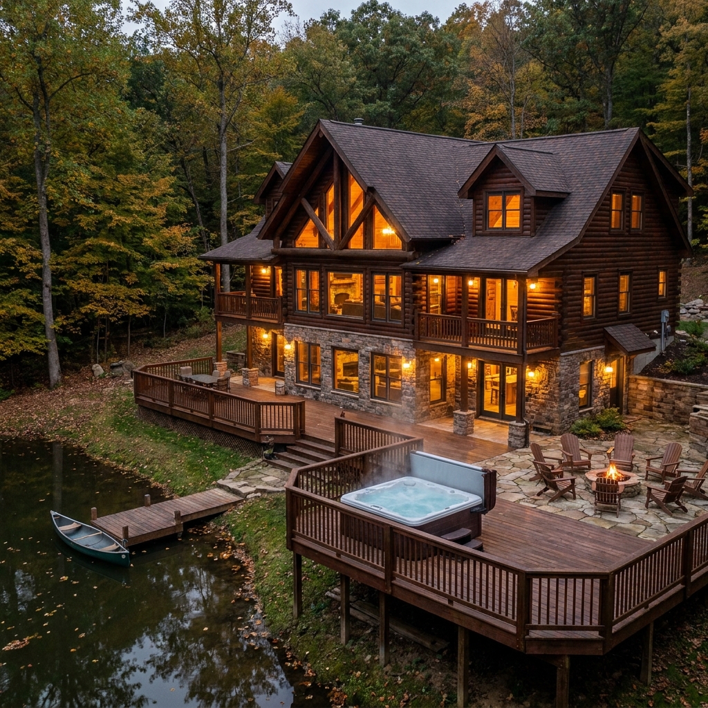 Luxury cabin with hot tub, fire pit, and lake access