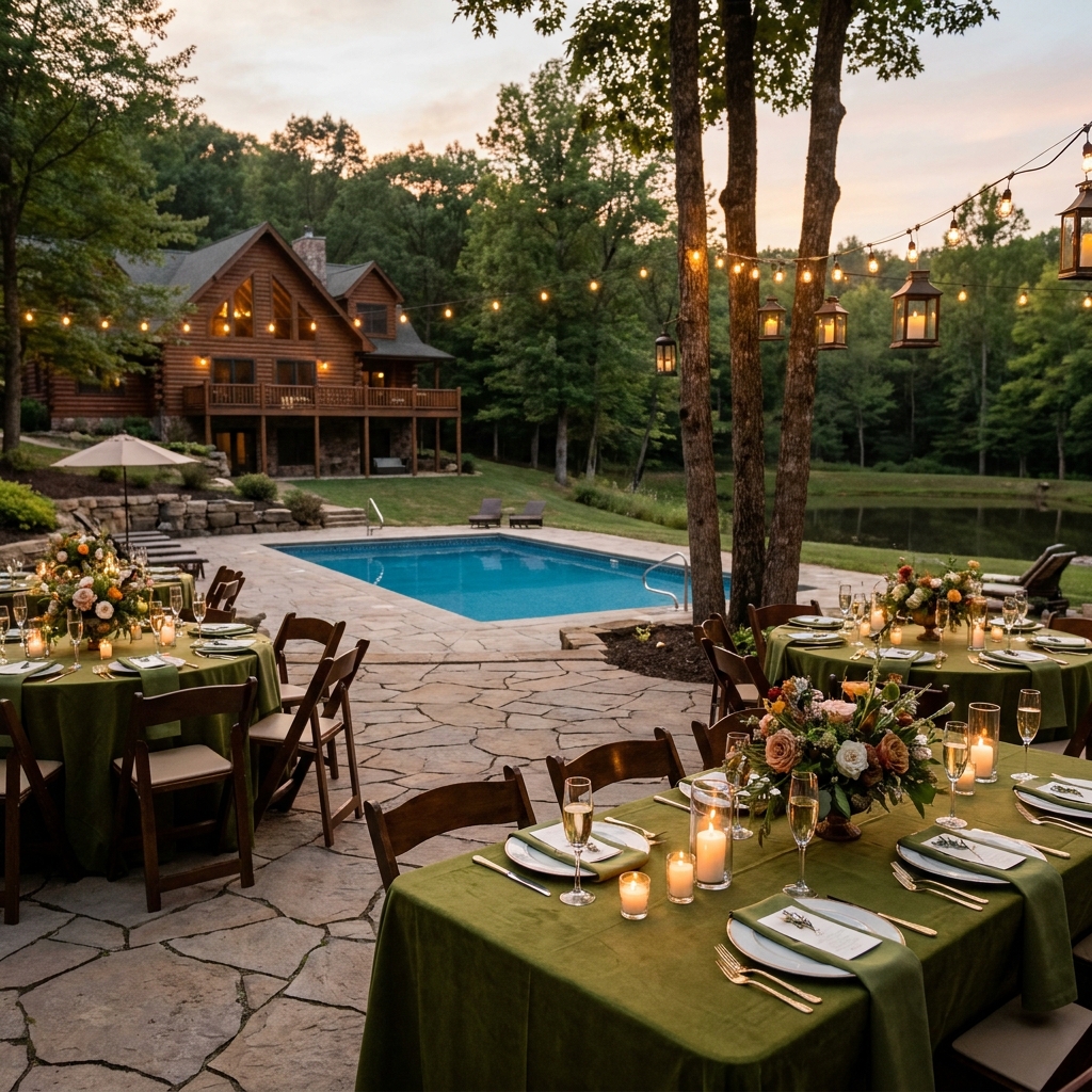 Outdoor wedding reception by a pool at a wooden lodge