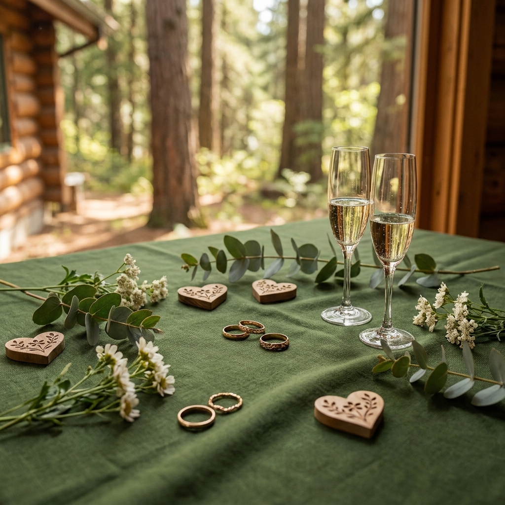 Image for Estates Built for Your Dream Wedding — A whimsical seamless background pattern of cute wedding icons (rings, champagne flutes, rustic hearts, and floral designs) on a rich moss green background, flat vector style, elegant and playful