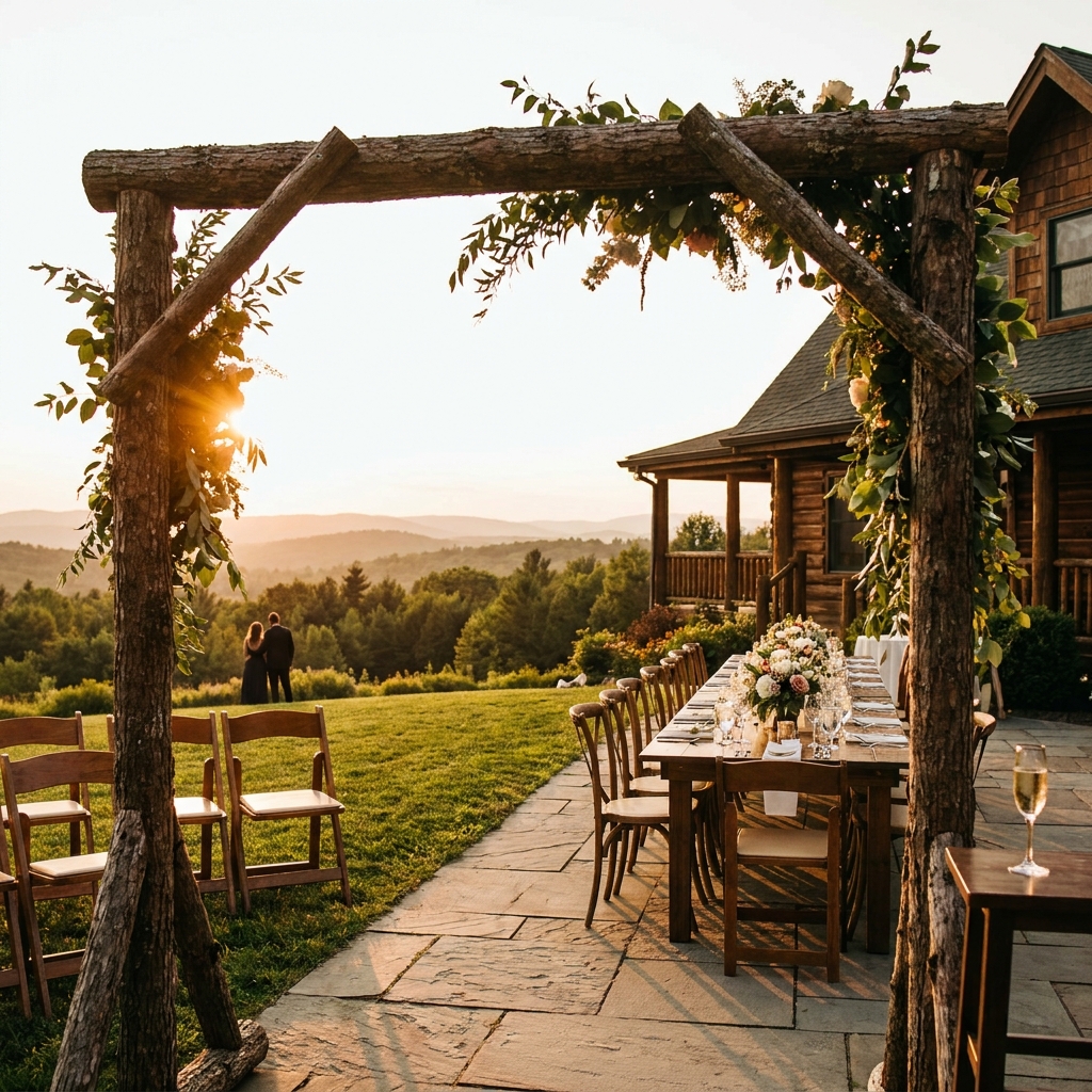 Outdoor wedding reception at a rustic cabin estate at sunset