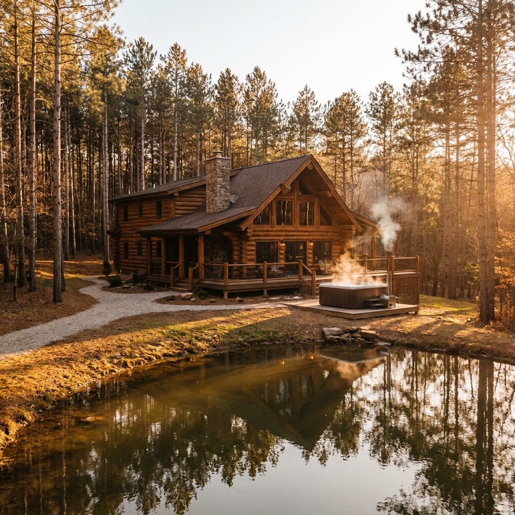 Log cabin with hot tub beside tranquil pond in Hocking Hills
