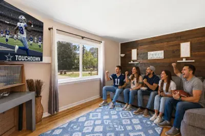 Game-day ready living room with big TV, comfy sectional, and bright natural light