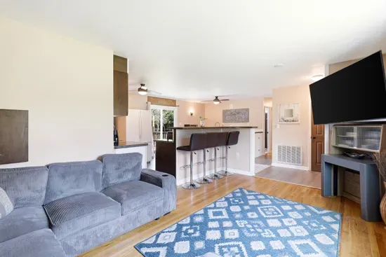 Bright open living space with breakfast bar, big TV, and cozy seating
