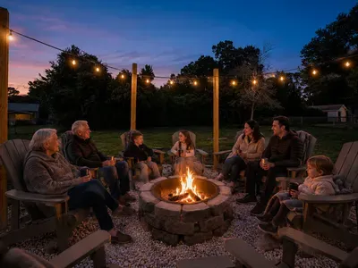 Cozy backyard fire pit with string lights for unforgettable evenings