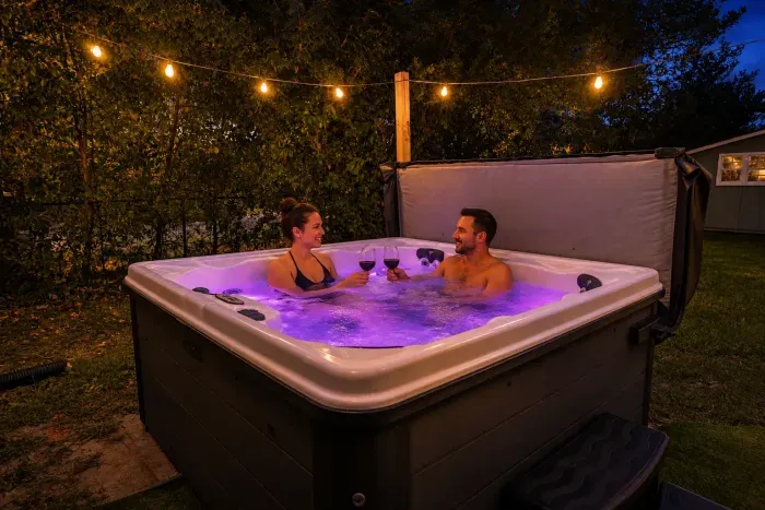Private backyard hot tub under string lights for a relaxing evening soak