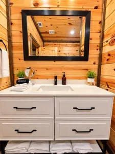 Rustic-modern bathroom with warm wood walls and sleek vanity