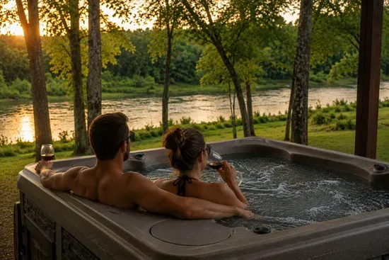 Unwind in the riverside hot tub and soak in peaceful sunset views