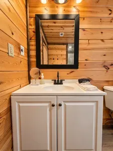 Rustic-modern bathroom with warm wood walls and a stylish vanity